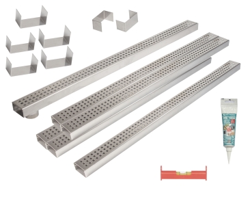 6er Rinnenset (Poolrinne) V4A superflach mit 1 Rinne mit Stutzen,5 Rinnen geschlossen,2 Endstücke,5 Verbinder,1 Dichtmittel,1 Schnurwasserw.